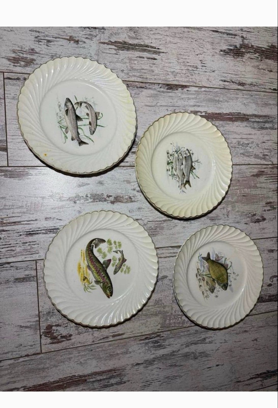 Set van 4 antieke Lunéville visborden met geschulpte rand, Ophalen of Verzenden
