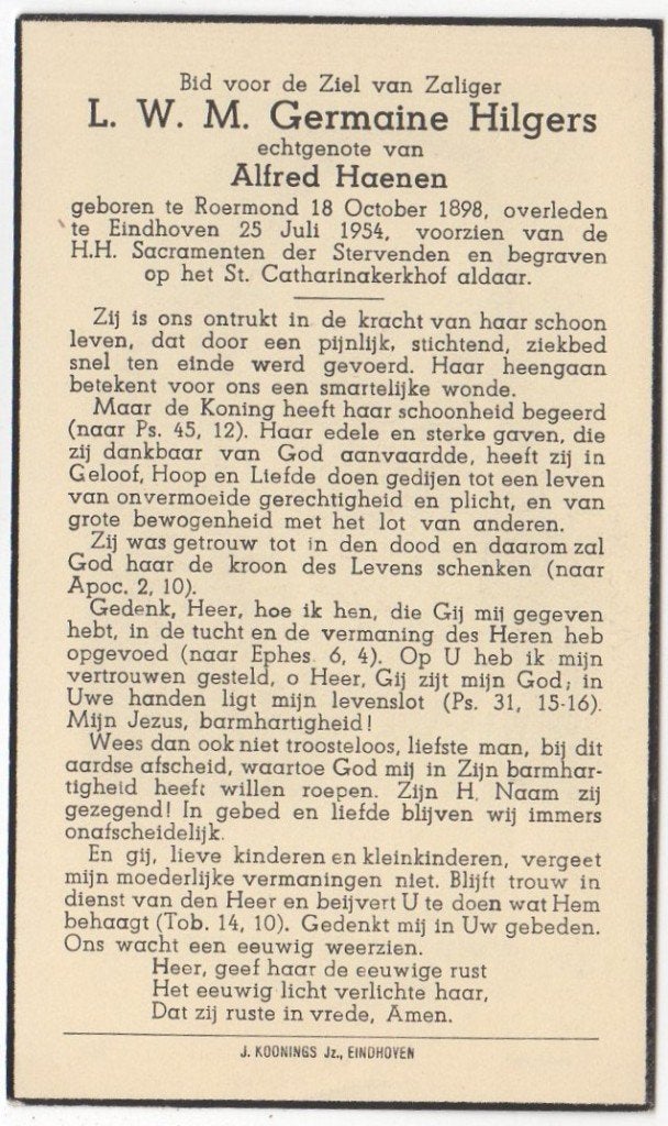 Leonie W.M. Hilgers 1898 Roermond + 1954 Eindhoven, 55 jaar, Verzamelen, Bidprentjes en Rouwkaarten, Verzenden