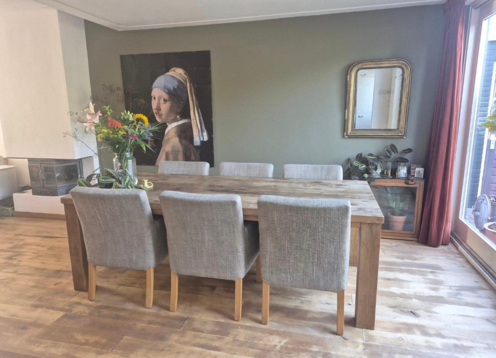 Massief eiken blokpoottafel, Huis en Inrichting, Ophalen, Gebruikt, Eikenhout, 200 cm of meer