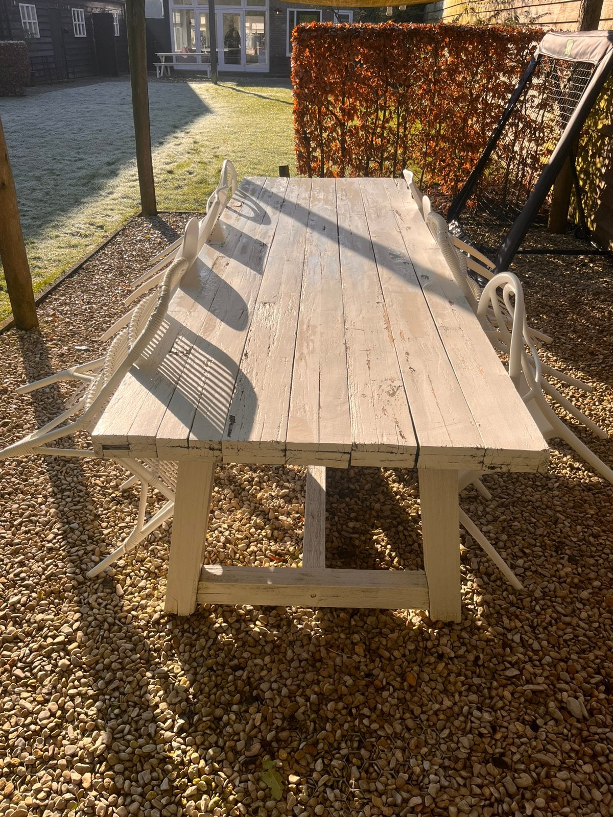 Grote witte eettafel – 300 x 100 cm + stoelen, Tuin en Terras, Picknicktafels, Ophalen, Zo goed als nieuw, Rechthoekig, Hout