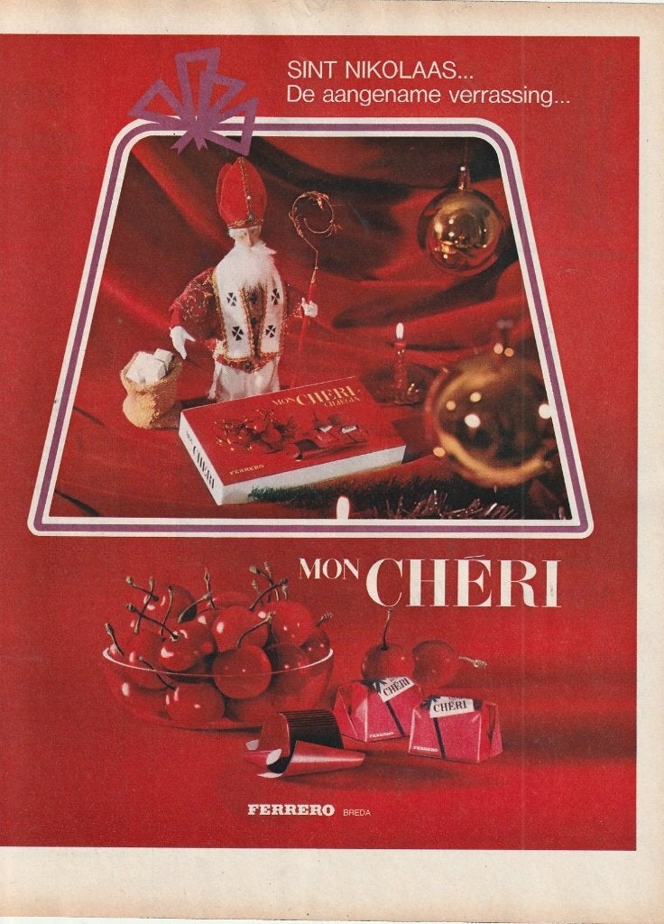 Retro reclame 1966 Mon Cheri chocolade sinterklaas cadeau, Verzenden, Overige typen