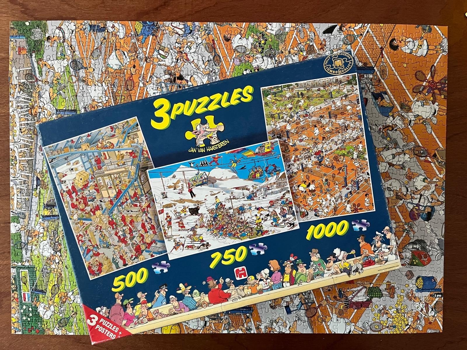 Jan van Haasteren 3 Puzzels in 1 doos (500, 750, 1000 stukje, Ophalen of Verzenden, 500 t/m 1500 stukjes, Zo goed als nieuw, Legpuzzel