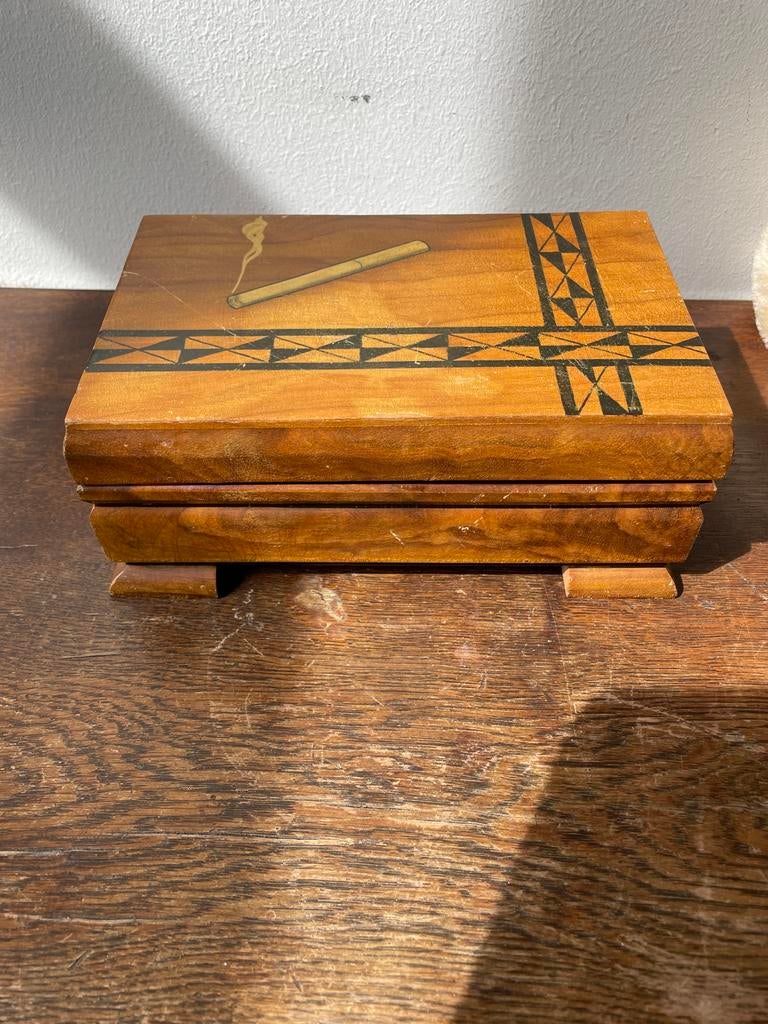 Vintage houten sigarettendoos met muziekdoos, Ophalen of Verzenden