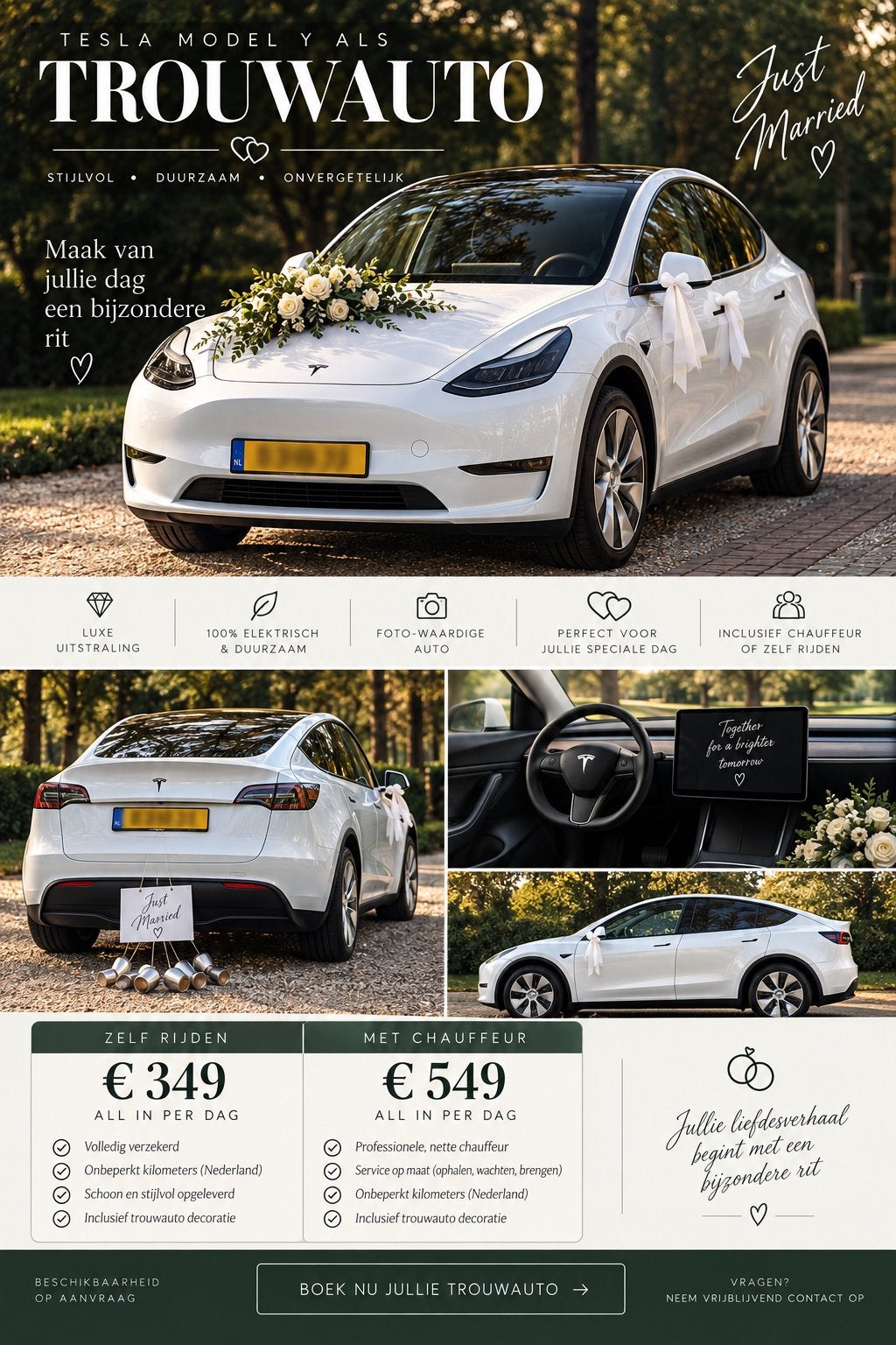 Tesla Model Y Trouwauto – Huren met of zonder chauffeur, Met chauffeur, Trouwauto