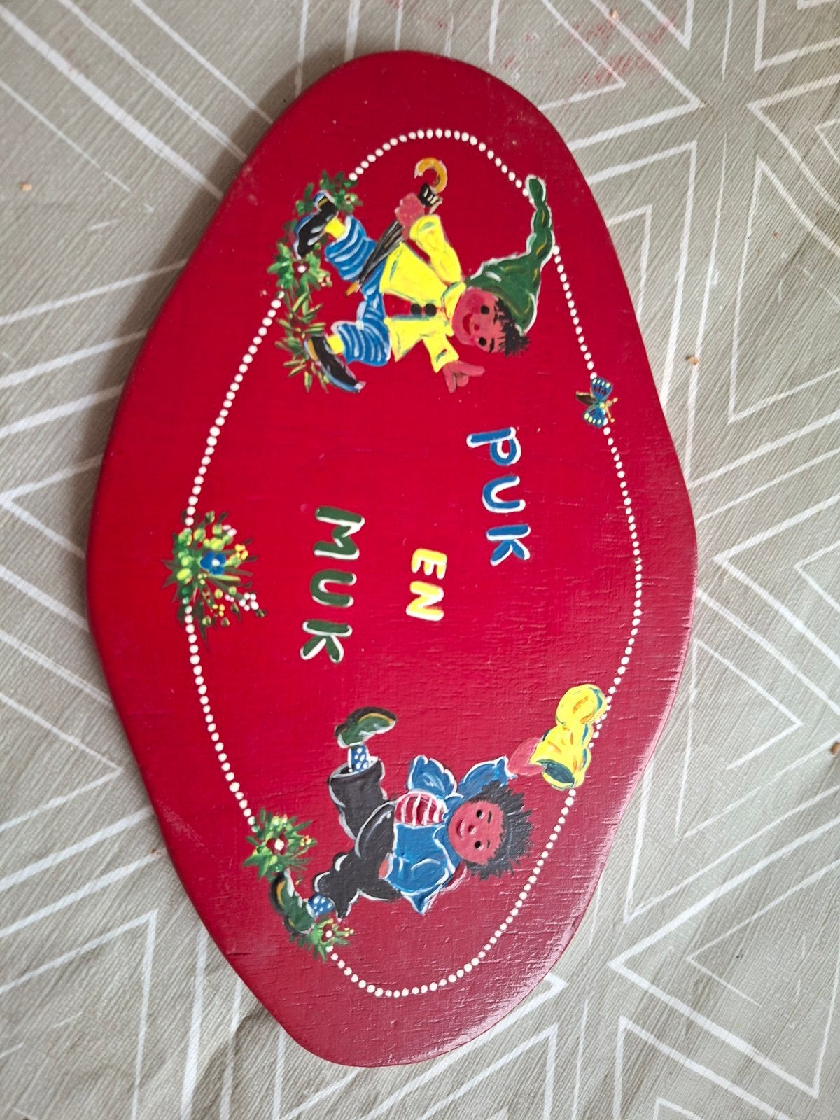 Vintage houten bordje Puk en Muk, Ophalen of Verzenden