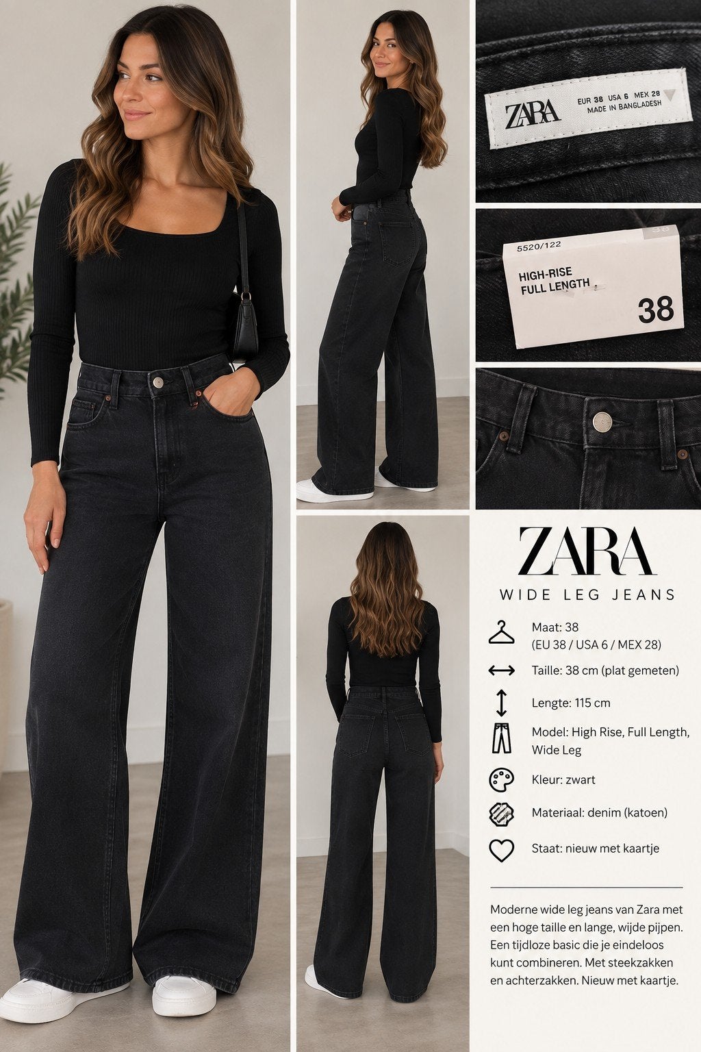 Zara Wide Leg Jeans Zwart - High Rise & Full Length, Nieuw, Ophalen of Verzenden, W30 - W32 (confectie 38/40), Zara