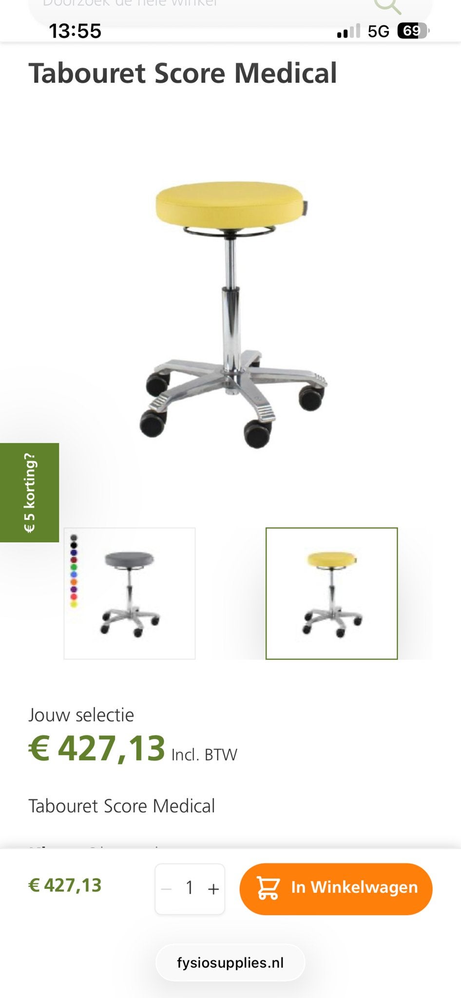 Tabouret Score Medical - Gele Zadelkruk op Wielen, Ophalen, Gebruikt, Overige kleuren, Metaal
