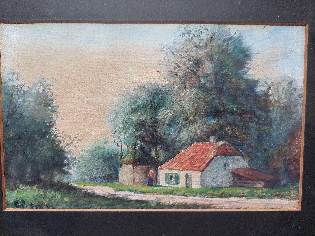 Aquarel boerderij met hooiberg, Ophalen, Overige stijlen, Landschap, Aquarel