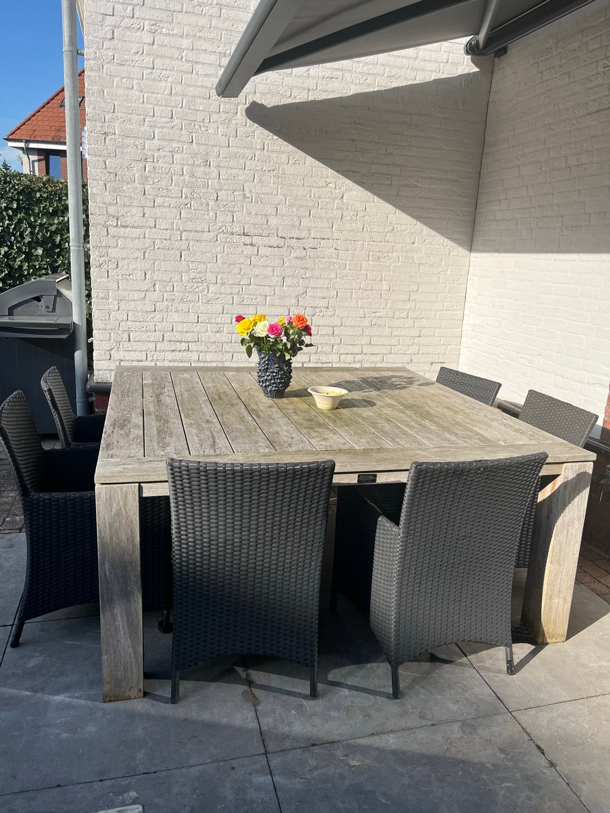 Rough houten tuinset: tafel, bankje + 6 stoelen, Ophalen, Gebruikt, Meer dan 8 zitplaatsen, Hout