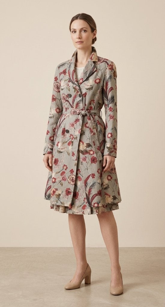 Pauw bloemen mantelpak rok lange jas multicolor maat 36/38, Kostuum of Pak, Pauw, Zo goed als nieuw, Maat 36 (S)
