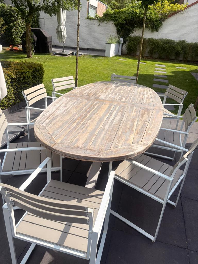 Teakhouten tuinset met 8 stoelen, Ophalen, Gebruikt, Eettafel, Teakhout