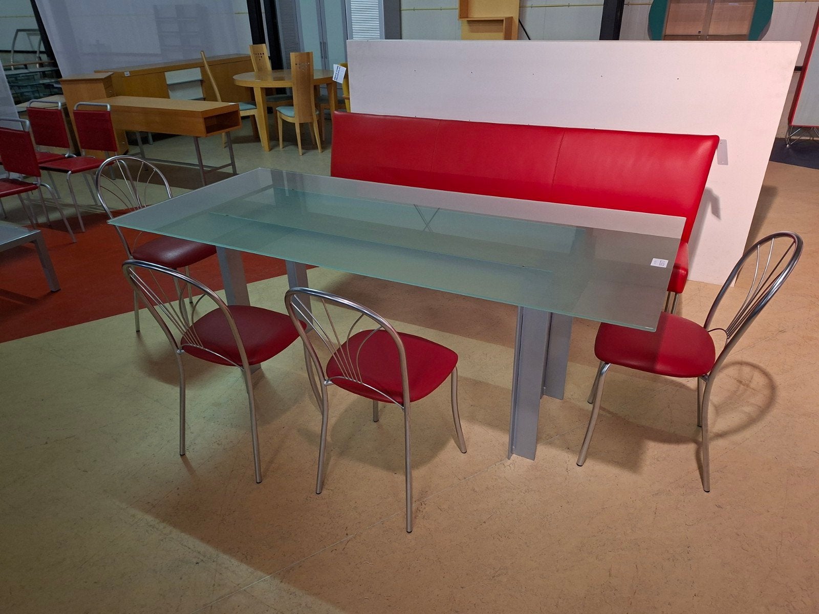 Retro diner set: bank en stoelen met rood leder, Nieuw, Vier, Leer, Rood