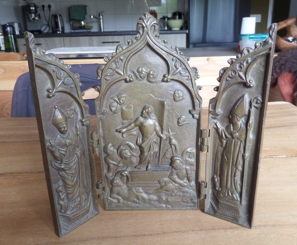 antiek bronzen 3-luik hoog 24 x breed 26 cm x 2 cm., Ophalen of Verzenden