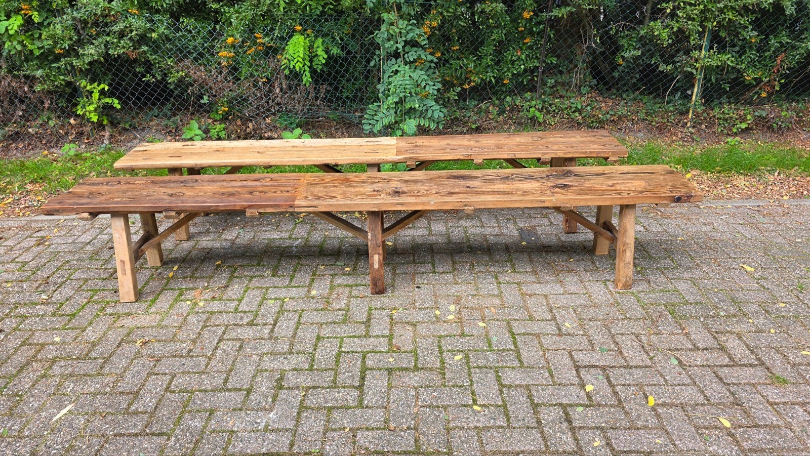 2 oude boeren banken 3 meter lang, Ophalen, Gebruikt, Bruin, Vijf, Zes of meer stoelen