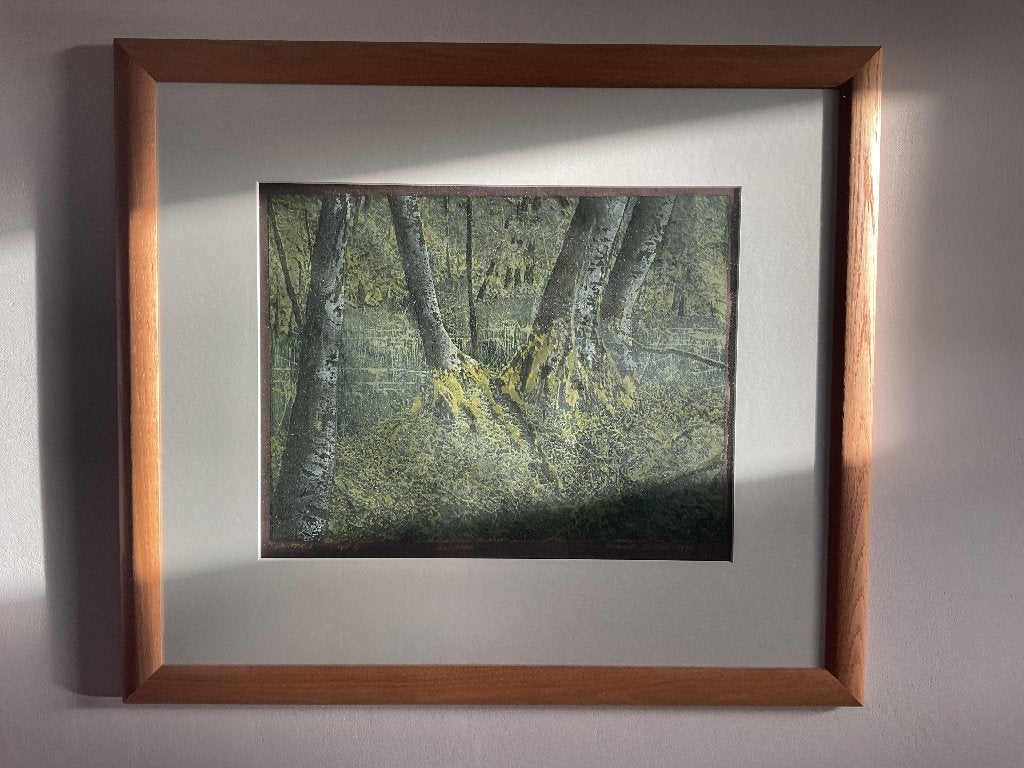 Dianne Bakker - Bos Beek - ingelijst - Houtdruk, Ophalen, Gesigneerd, Landschappen, Overige techniek