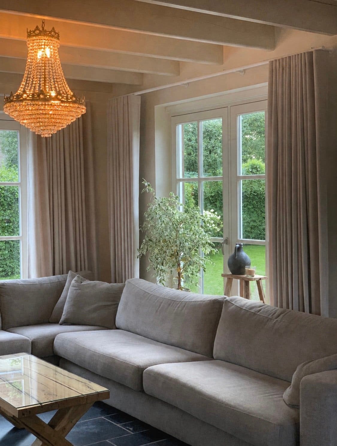 Stijlvolle linnenlook gordijnen - wave, Beige, Ophalen of Verzenden, Zo goed als nieuw, Gordijn