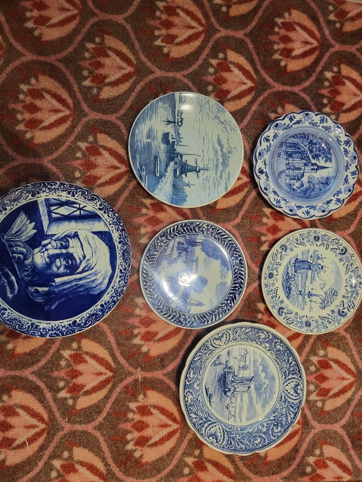 6 Blauwe Wandborden - Diverse Scènes, Antiek en Kunst, Ophalen