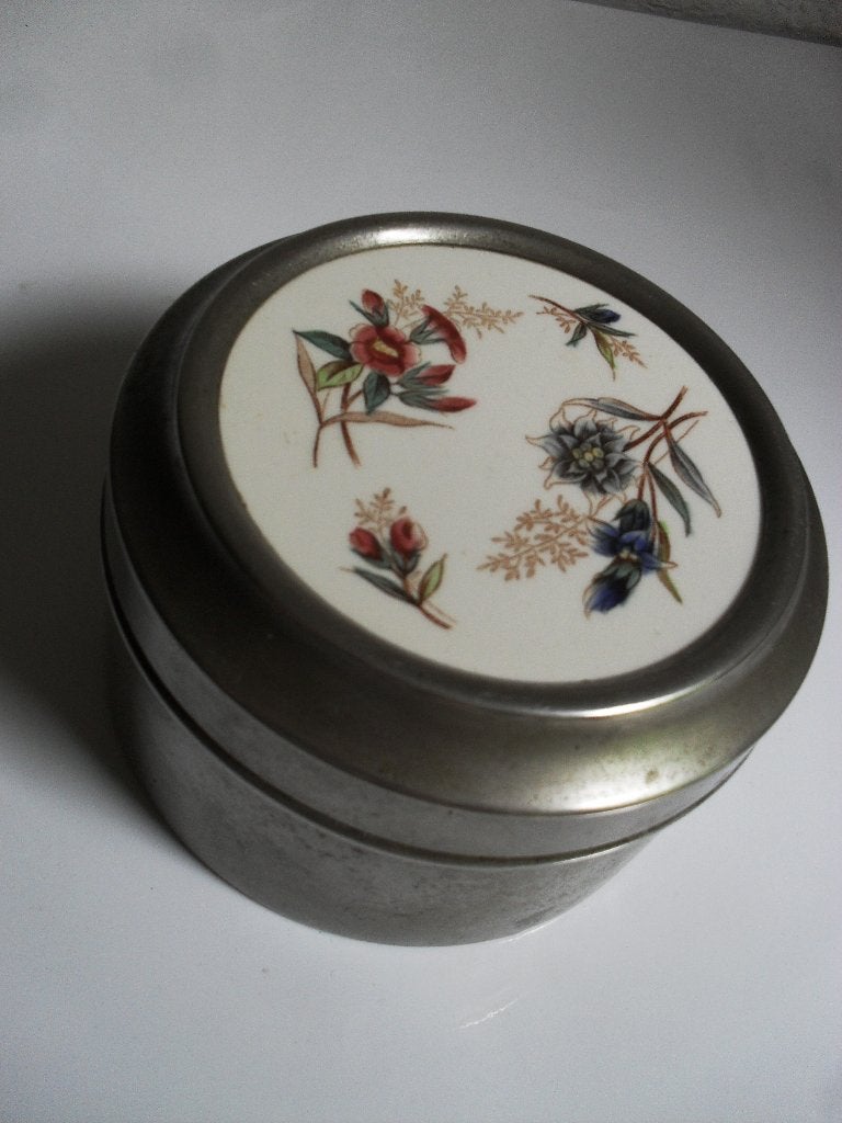 art nouveau tinnen doos / box met keramiek tegel in deksel, Ophalen of Verzenden