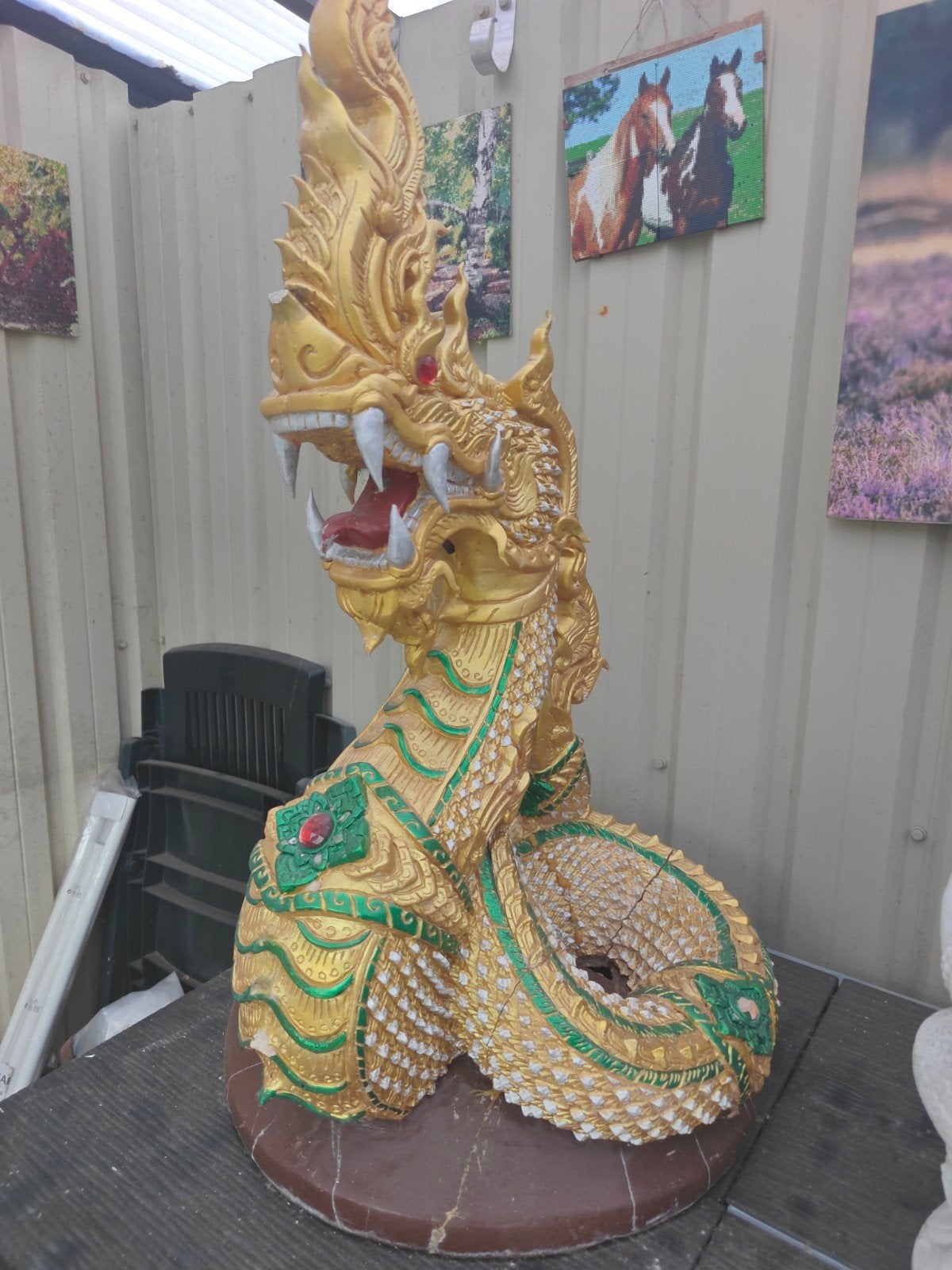 Gouden Draak Beeld - Aziatische Naga Sculptuur, Ophalen, Steen of Keramiek