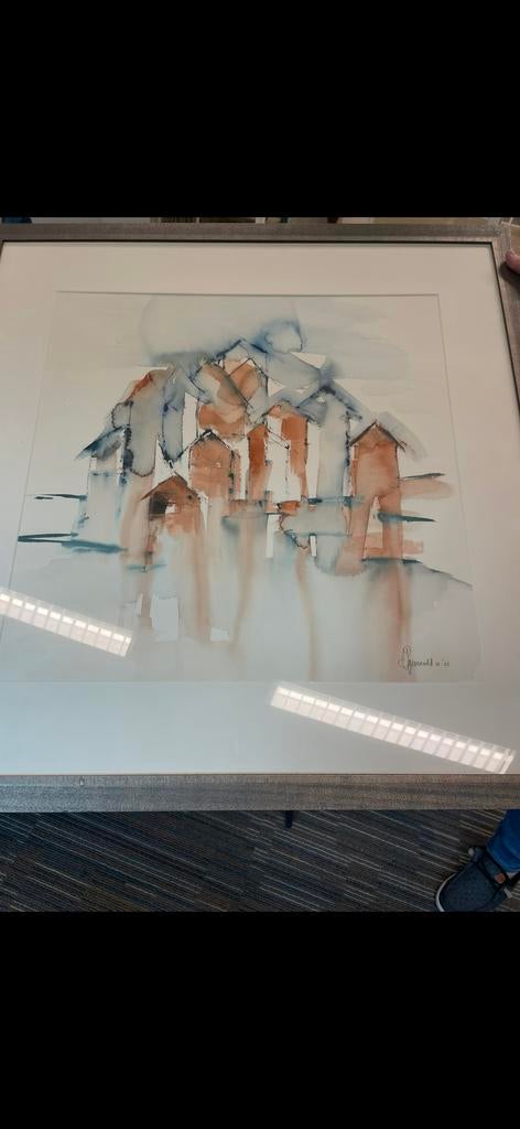 Abstract Aquarel Schilderij 'Huizen' door Groeneveld (2005), Ophalen