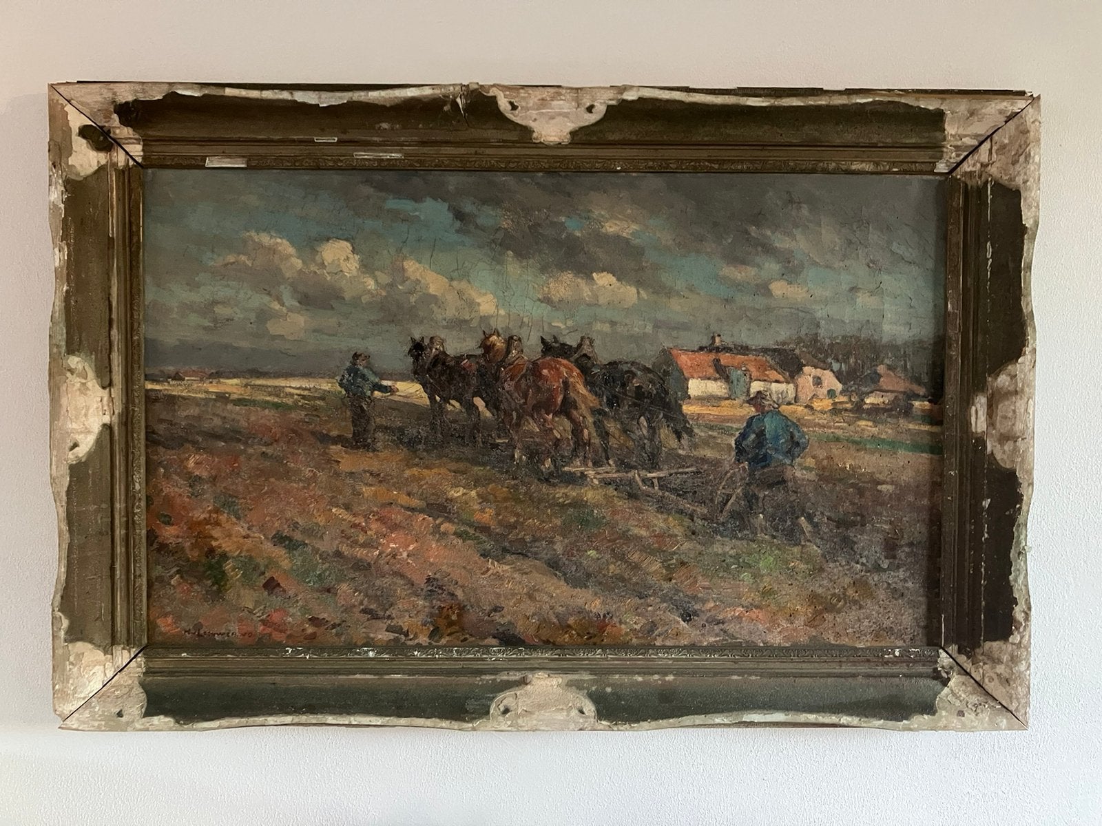 Olieverf Henk van Leeuwen van Oudewater “Ploegende paarden”, Ophalen, Doek, Impressionistisch, Gesigneerd