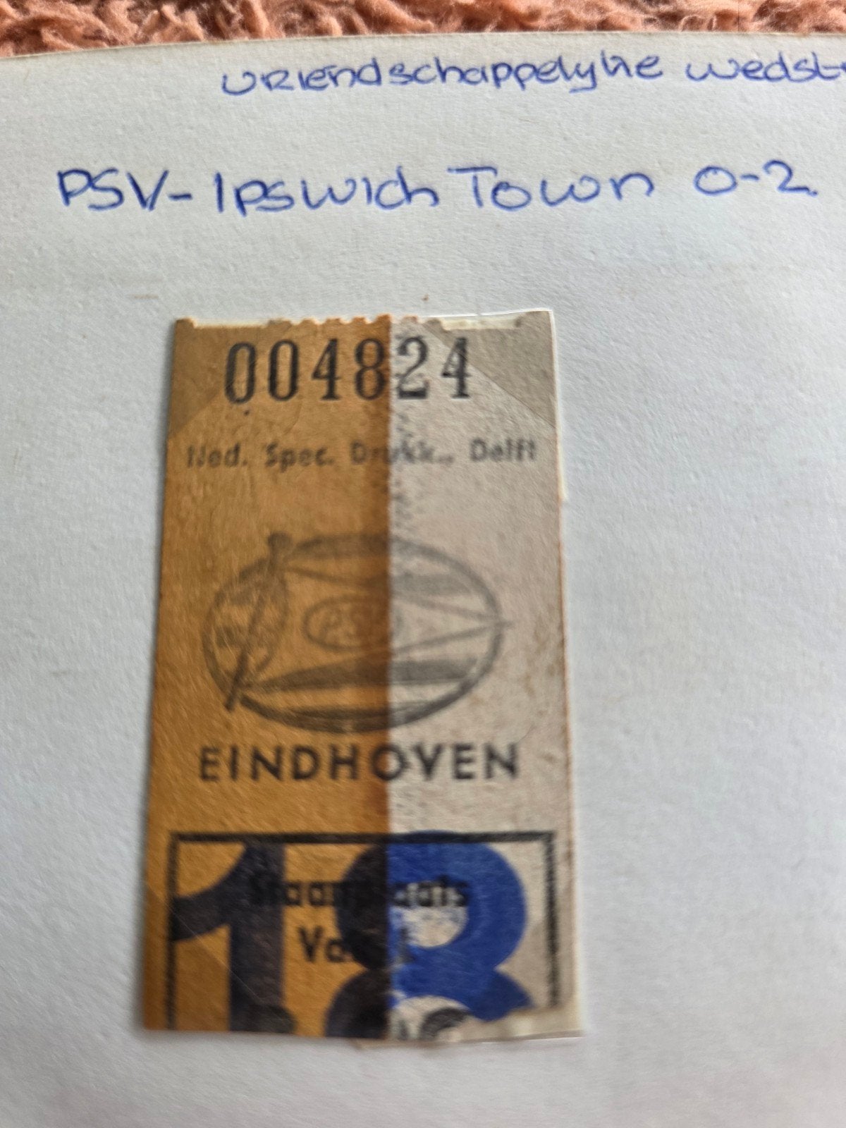 Voetbalticket  Psv-Ipswich Town 0-2., Tickets en Kaartjes, Eén persoon, Augustus