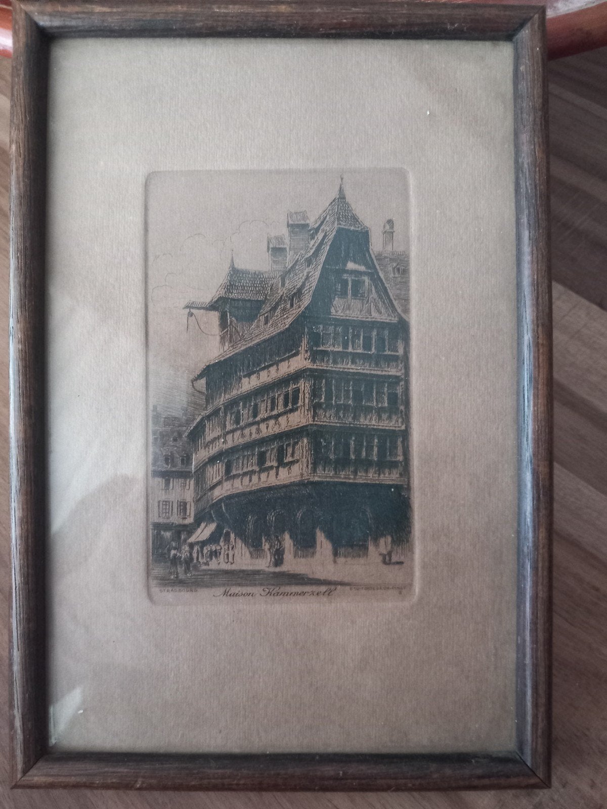 Ets Maison Kammerzell Straatsburg, ingelijst, Antiek en Kunst, Ingelijst, 1800 - 1899, Ets, Stadsgezicht