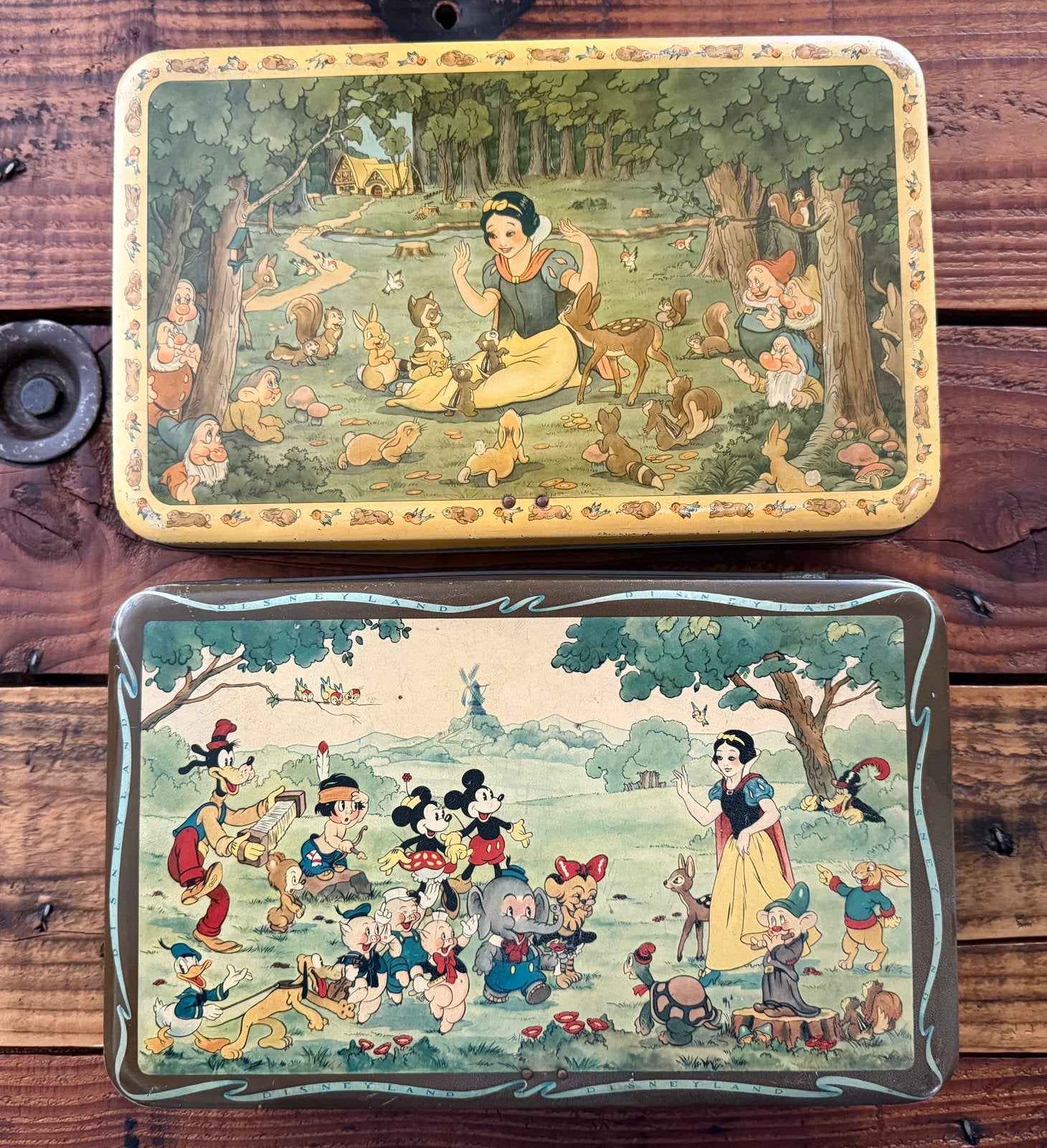 2 vintage blikken van Disney, sneeuwwitje, Mickey, Donald, Ophalen, Mickey Mouse, Gebruikt, Overige typen