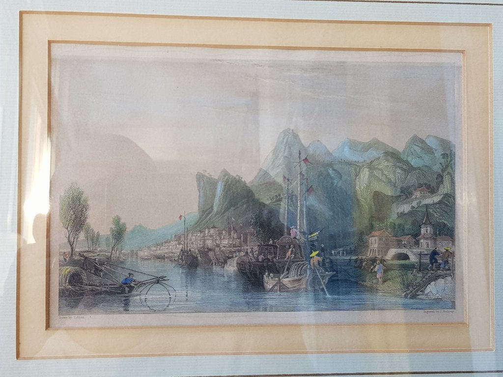 Mooie antieke ingelijste Engelse ets met een havengezicht., 1800 - 1899, Ets, Origineel, Ophalen of Verzenden