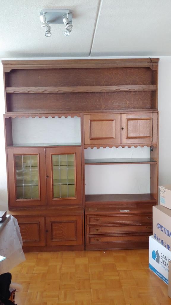 Retro jaren ’70–’80 wand-/buffetkast met vitrine, 7 delen, Ophalen, Gebruikt, Met deur(en), Glas