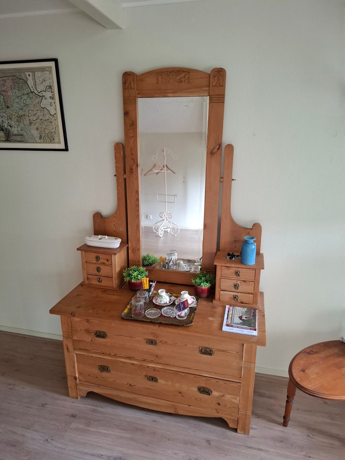 Antieke brocante grenen kaptafel met spiegel, Ophalen, Gebruikt, 100 tot 150 cm, Brocante, Antiek
