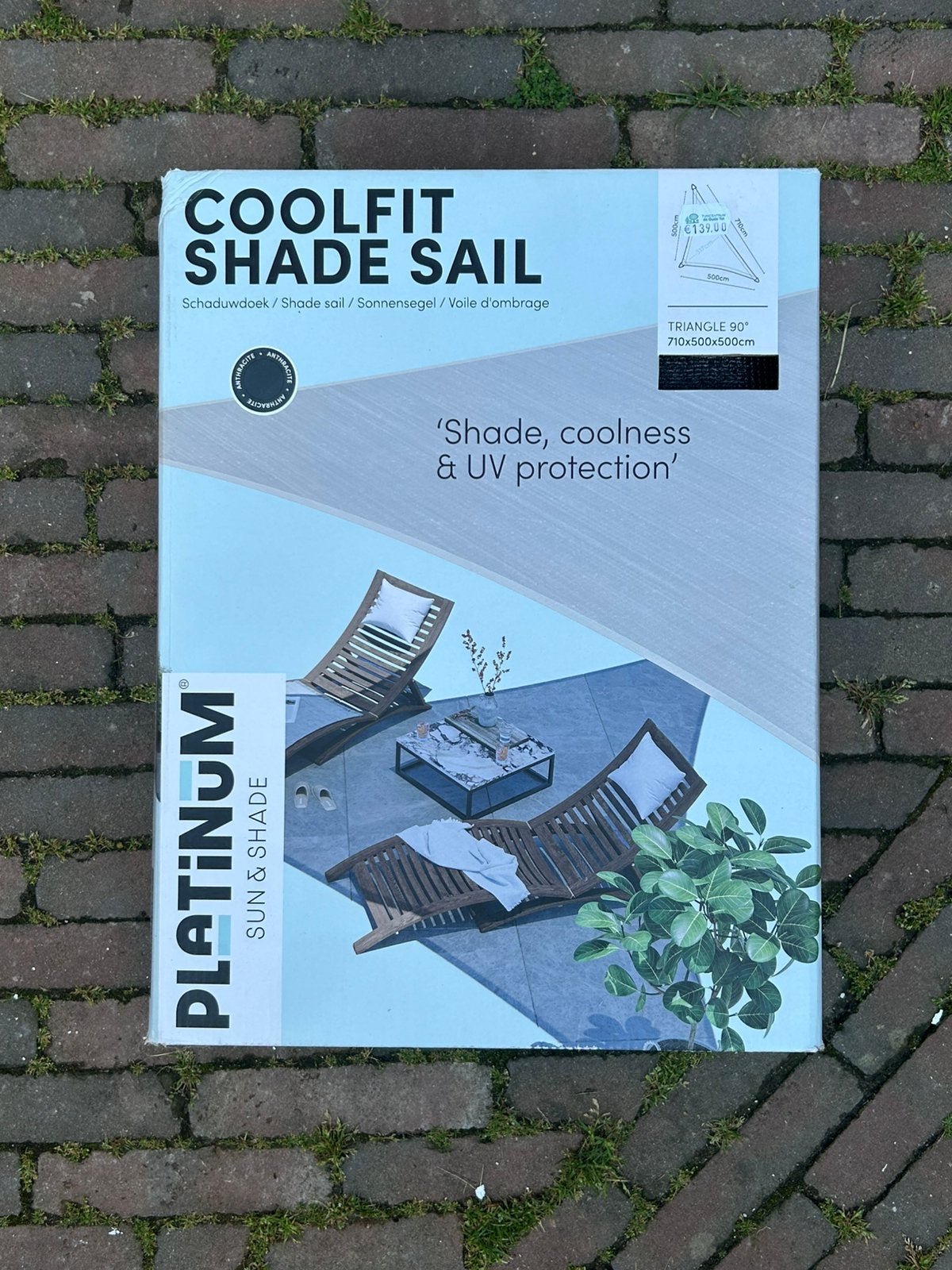 Platinum schaduwdoek NIEUW Antraciet - 5x5x7.1 - Driehoek, Ophalen, Nieuw, Veranda