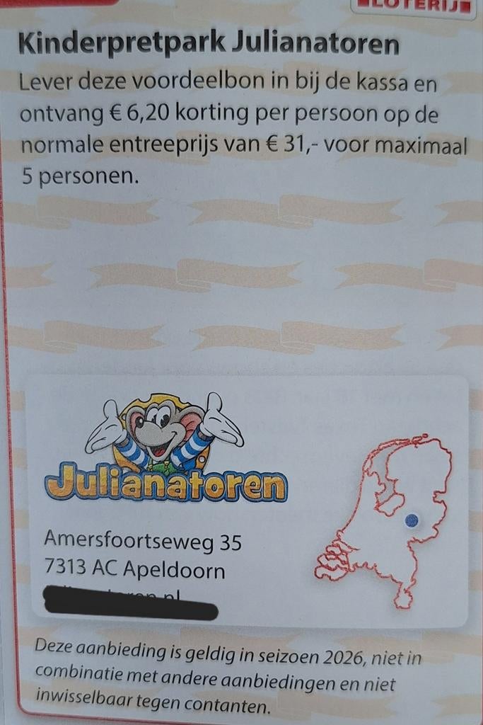 Julianatoren Apeldoorn 6.20 korting pp, Tickets en Kaartjes, Recreatie | Pretparken en Attractieparken, Drie personen of meer