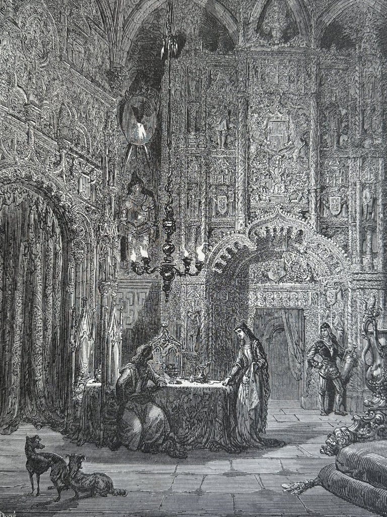 Don Quichot in het betoverde kasteel - Doré houtgravure 1890, Verzenden, Gravure, Blanco verso, 30 cm