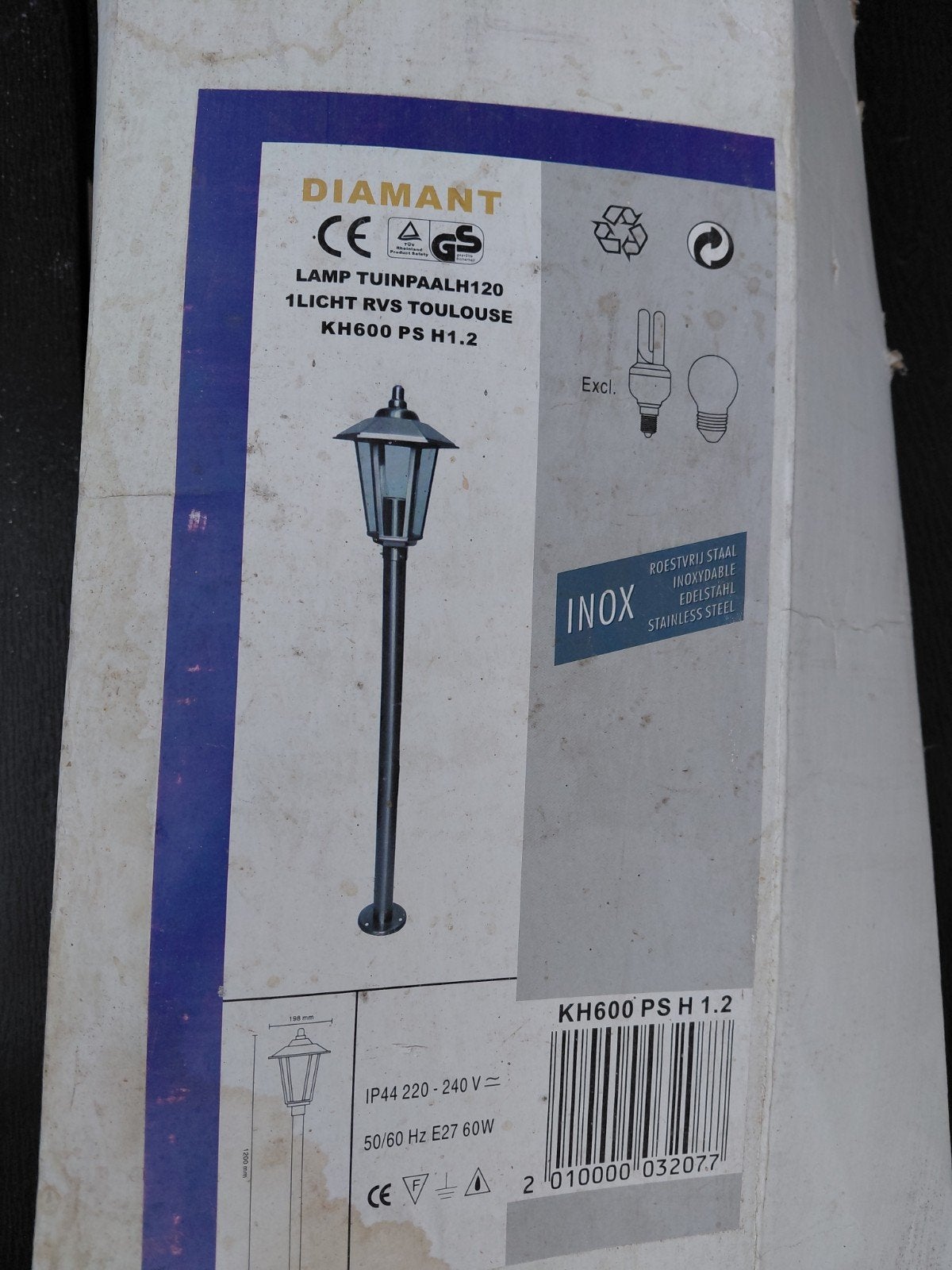 Diamant Tuinpaal Toulouse RVS Buitenlamp, Ophalen, Minder dan 50 watt, Nieuw, Netvoeding