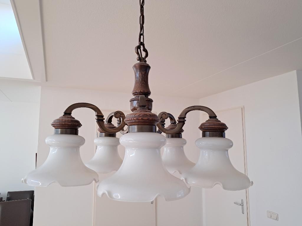 Hanglamp, wandlamp en schemerlamp. Hout met glazen kappen, Ophalen, Zo goed als nieuw, Glas