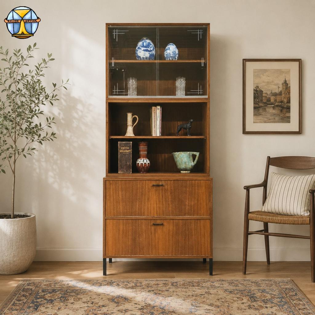 Vintage 60s Teak Boekenkast  drankkast (vitrinekast) 3 delen, 200 cm of meer, ., Glas, .