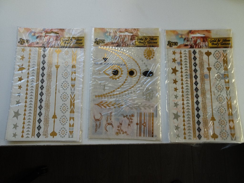 3 Vellen Plaktattoos Goud Zilver Tijdelijke Tattoos Festival, Gehele gezicht, Nieuw, Ophalen of Verzenden, Make-up