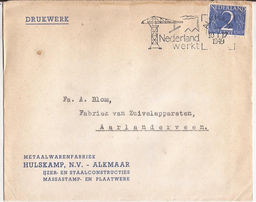 ALKMAAR 1949 HULSKAMP Metaalwarenfabr Massastamp plaatwerk, Ophalen of Verzenden, 1940 tot 1960, Gelopen, Noord-Holland