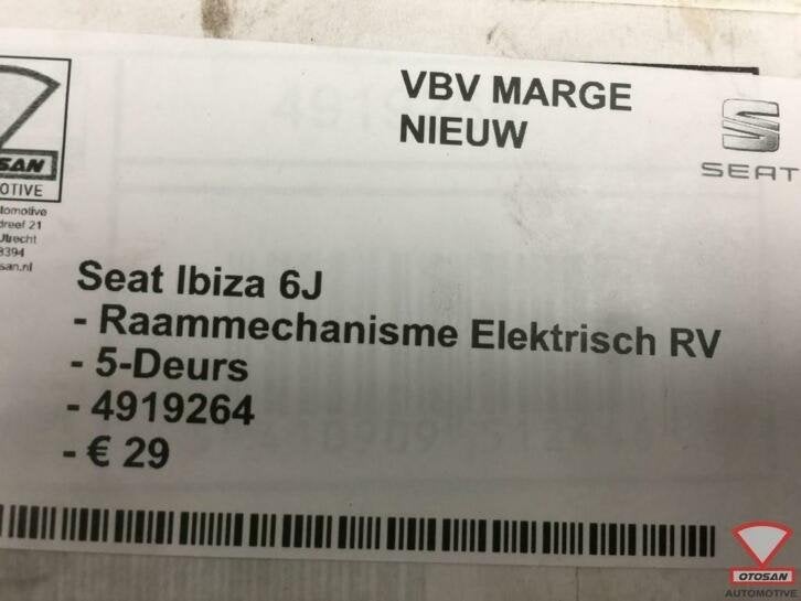seat ibiza 6j raammechanisme elekt. rechts voor 5drs nieuw!, Autovia A-2, Km 585 585
08760  Martorell, ES, Nieuw, Ophalen of Verzenden
