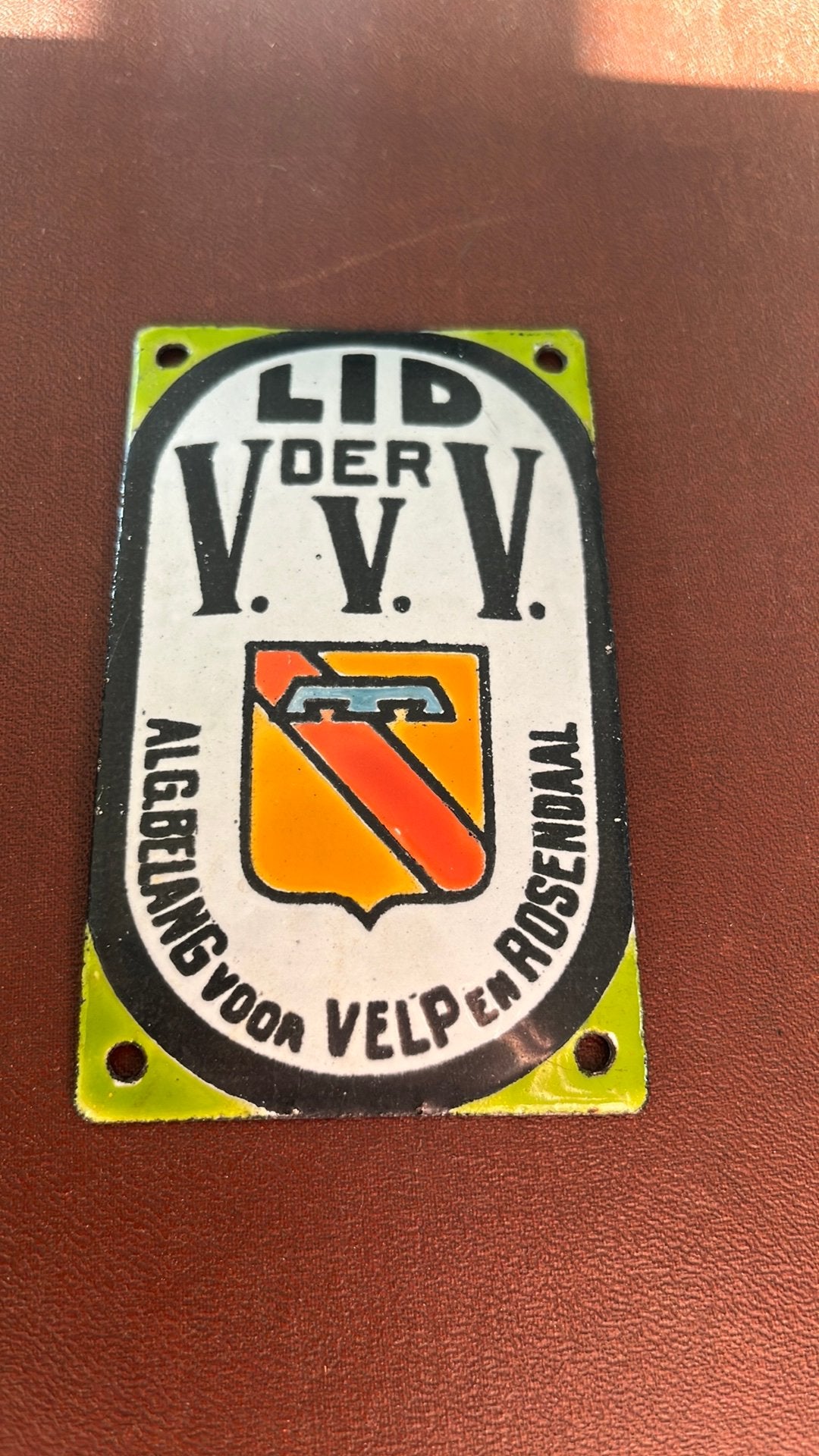 Oud emaille deurpostbordje “Lid der V.V.V. Velp en Rosendaal, Verzamelen, Ophalen of Verzenden, Zo goed als nieuw, Reclamebord