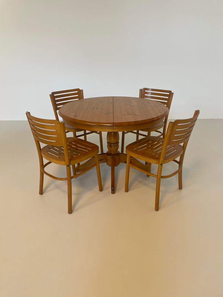 Vintage massief grenen eettafel en stoelen uit jaren '70/80, Huis en Inrichting, Tafels | Eettafels, Ophalen, Gebruikt, 100 tot 150 cm