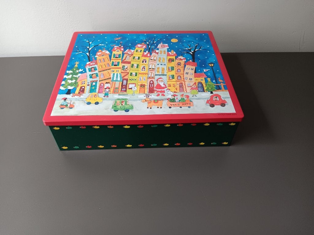 Kerst opbergblik met winterdorp, Ophalen of Verzenden, Gebruikt