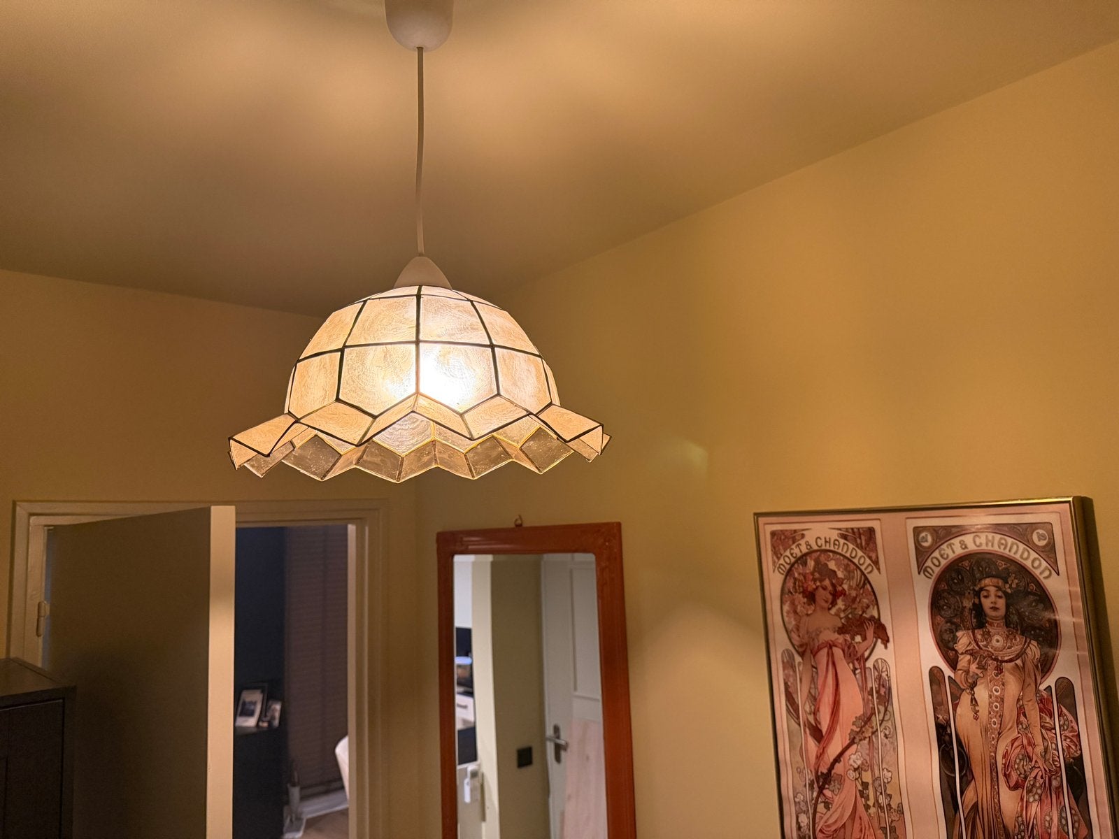Vintage Capiz schelpen hanglamp jaren 70 – messing – groot, Ophalen of Verzenden
