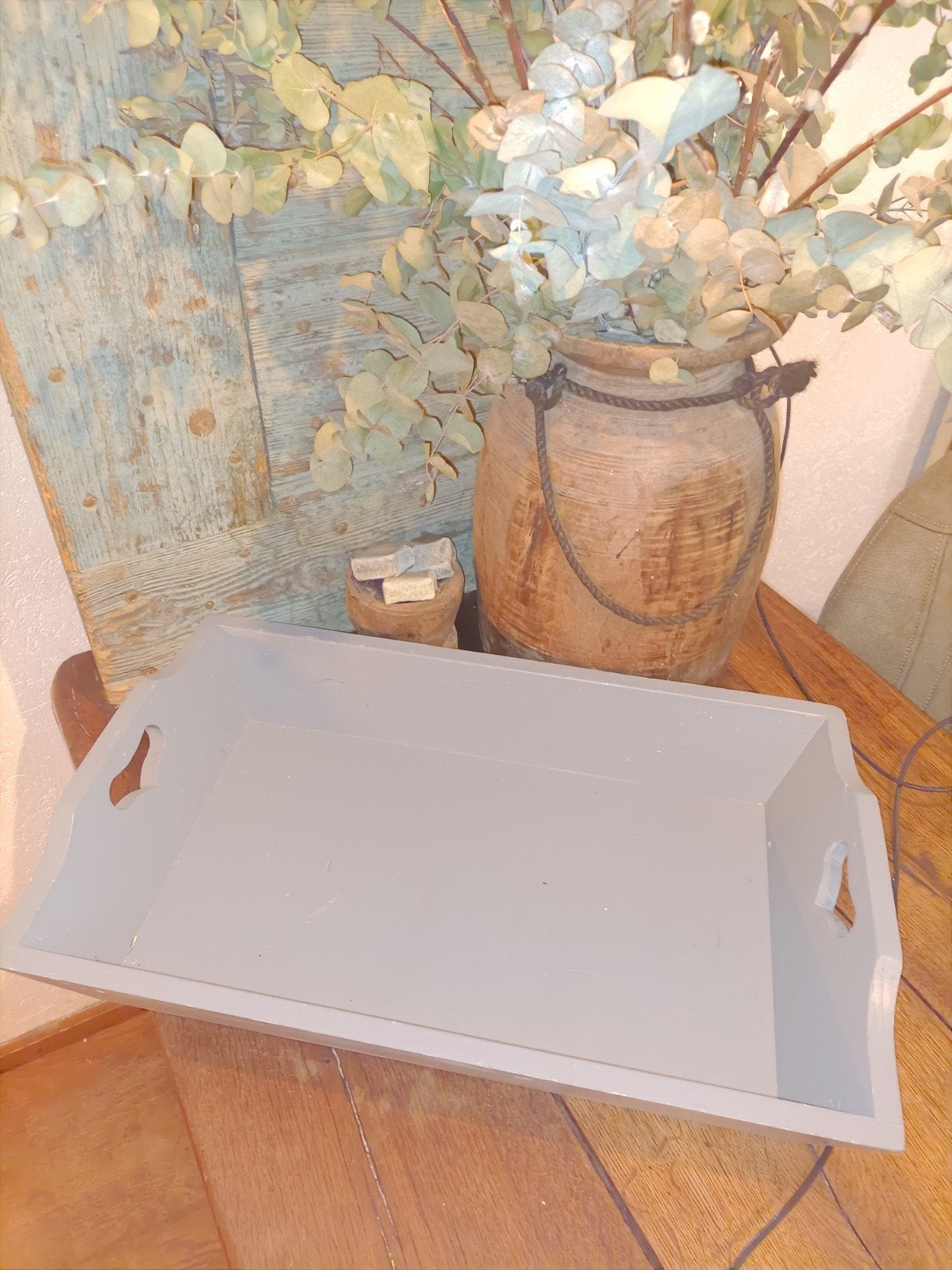 Groot brocante zware dienblad hout grijs, Huis en Inrichting, Gebruikt, ., Ophalen of Verzenden, .