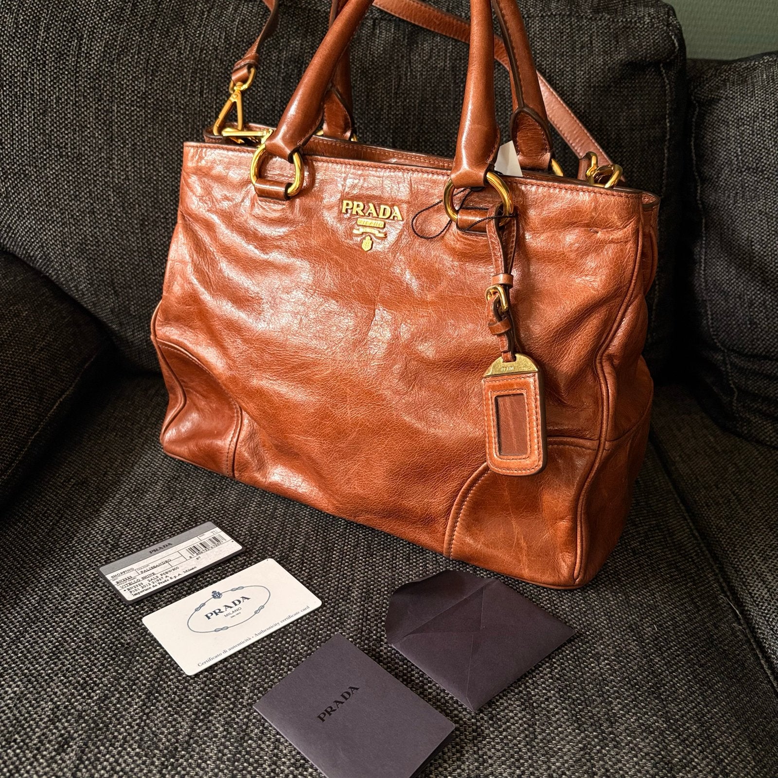 Prada Milano Handtas - Cognac Leer, Ophalen of Verzenden, Gebruikt, Bruin, Handtas