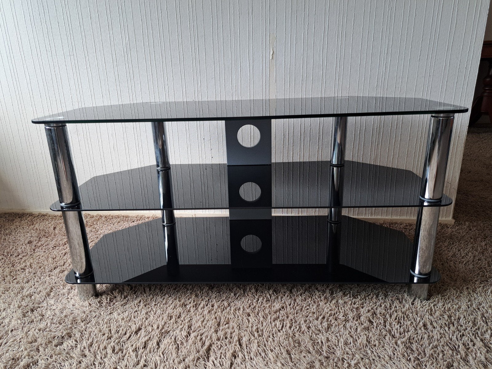 Audio/TV-meubel met glasplaten en chroom, 100cm breed, Ophalen, Gebruikt, 50 tot 100 cm, Glas