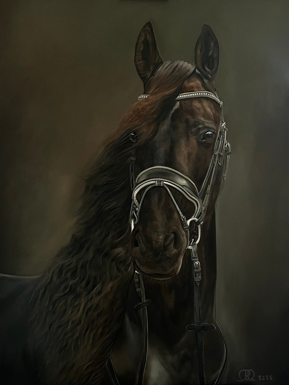 Groot handgeschilderd olieverf schilderij Fries paard 90x120, Antiek en Kunst, Doek, Realistisch, Dieren, Ophalen of Verzenden