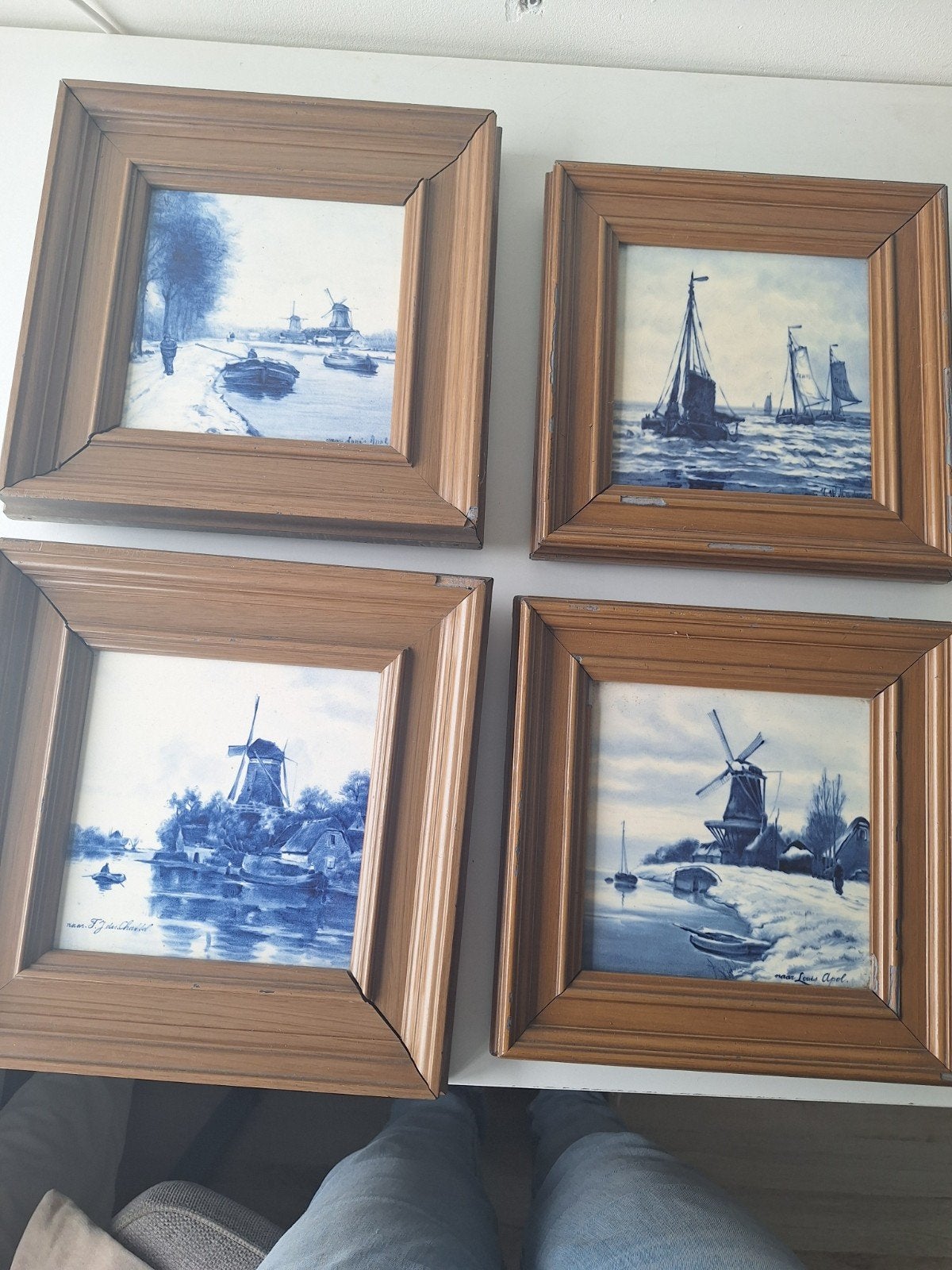 Set van 4 antieke Delfts blauwe tegeltableaus in lijst, Antiek en Kunst, Ophalen