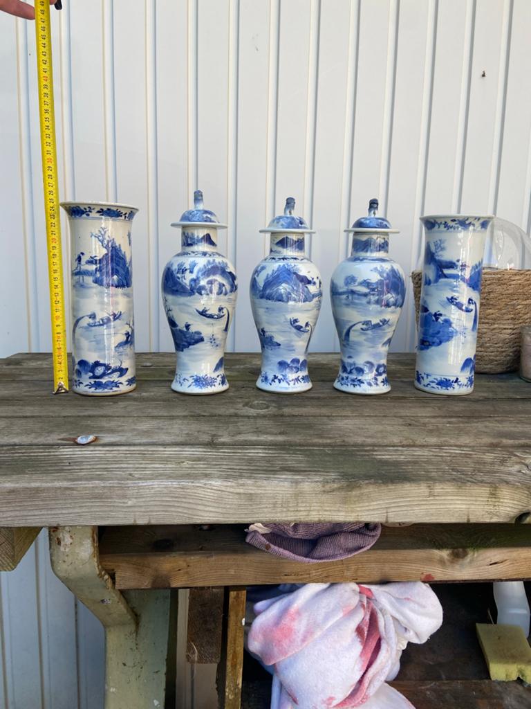 Chinees vazen set, 5 stuks, blauw-wit, 3 met deksel, Antiek en Kunst, Antiek | Keramiek en Aardewerk, Ophalen